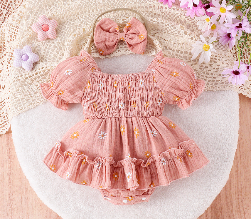 Floral Cotton Baby Romper – Short-Sleeved Triangle Jumpsuit for Girls