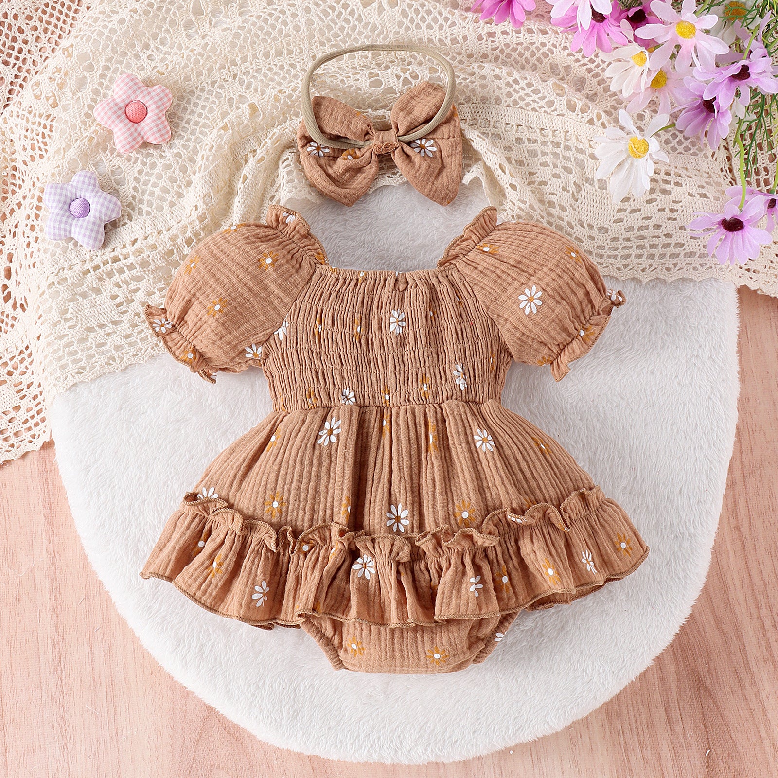 Floral Cotton Baby Romper – Short-Sleeved Triangle Jumpsuit for Girls