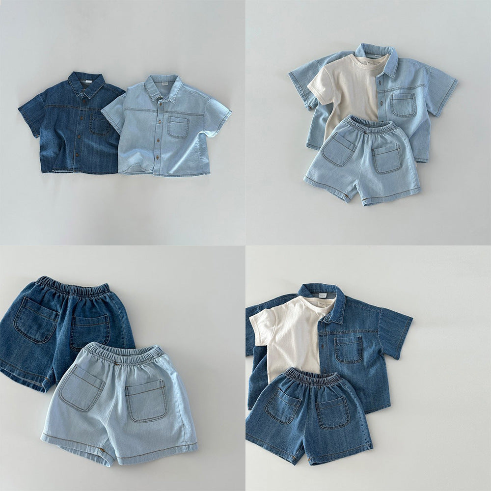 Korean Summer Denim Set – Short Sleeved Shirt + Shorts for Boys & Girls (2-Piece Outfit)