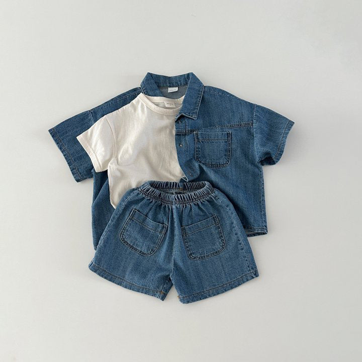 Korean Summer Denim Set – Short Sleeved Shirt + Shorts for Boys & Girls (2-Piece Outfit)