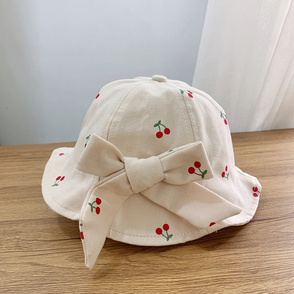 Girl Baby Cherry Hat Bow Pot Hat Girl 1-3 Year Old New Fisherman Hat Ladies Spring and Autumn Windproof Hat