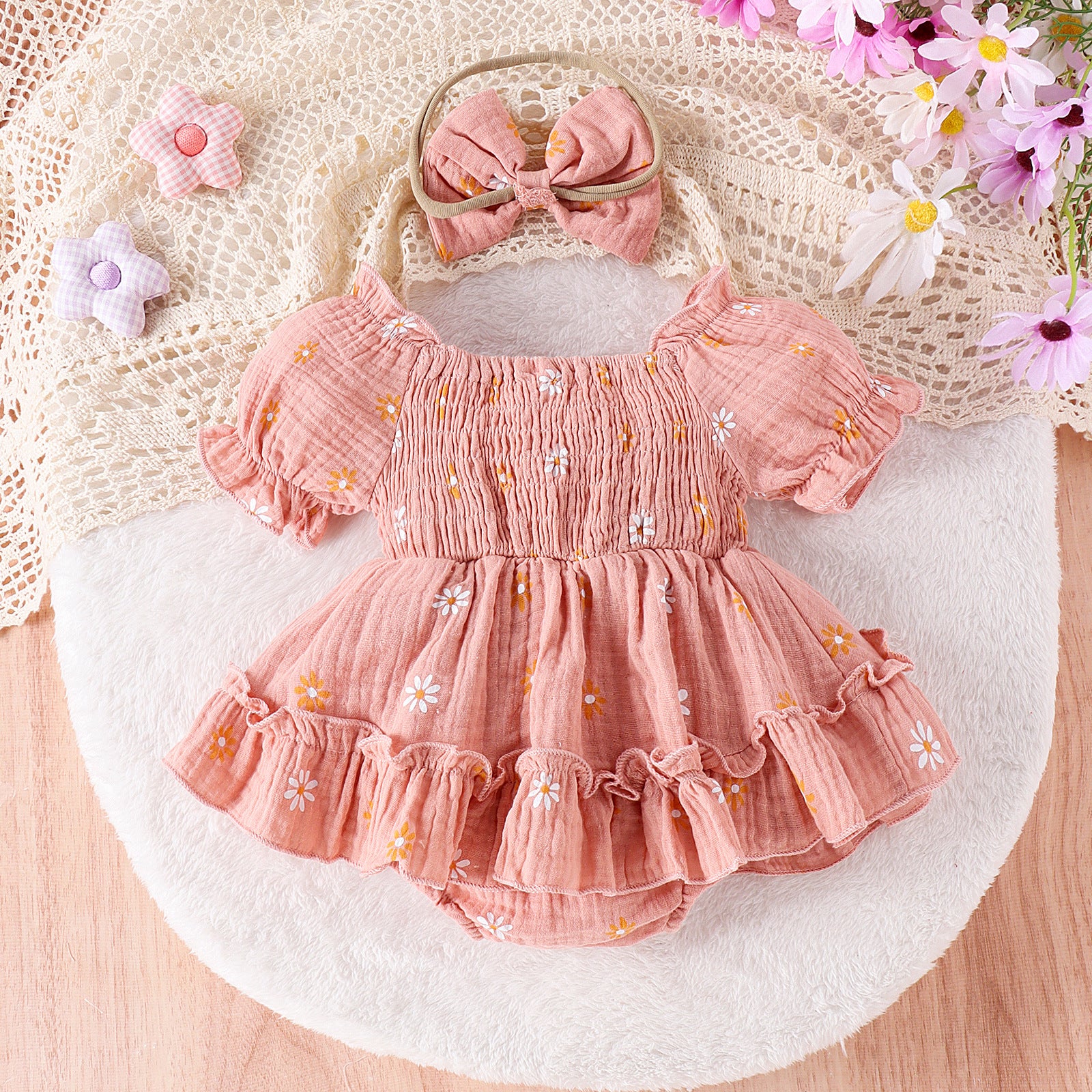 Floral Cotton Baby Romper – Short-Sleeved Triangle Jumpsuit for Girls