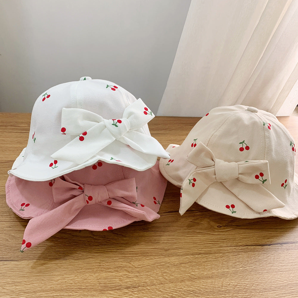 Girl Baby Cherry Hat Bow Pot Hat Girl 1-3 Year Old New Fisherman Hat Ladies Spring and Autumn Windproof Hat