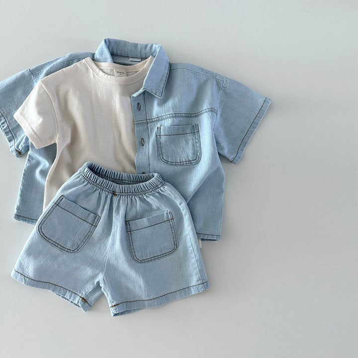 Korean Summer Denim Set – Short Sleeved Shirt + Shorts for Boys & Girls (2-Piece Outfit)