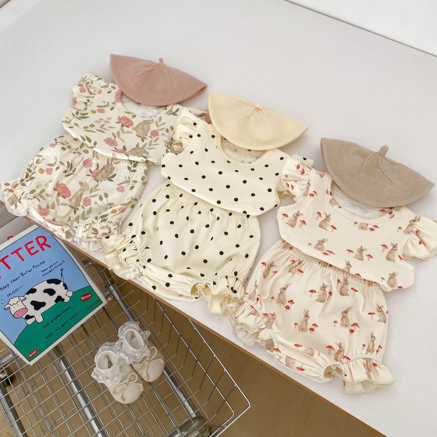 Girls’ Summer Set – Cute Rabbit Print Flying Sleeve Top & Lace Shorts