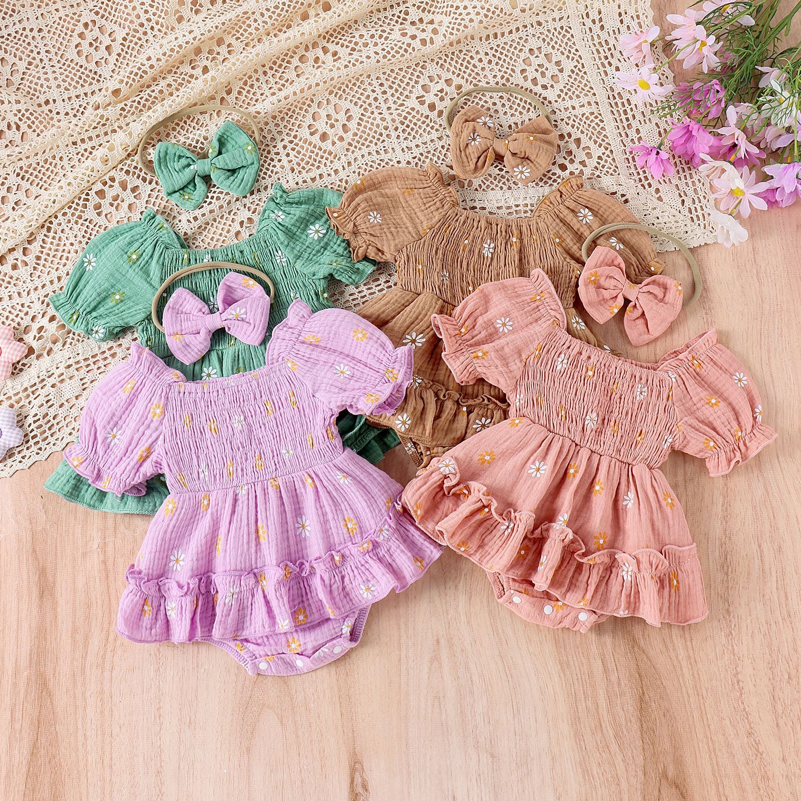Floral Cotton Baby Romper – Short-Sleeved Triangle Jumpsuit for Girls