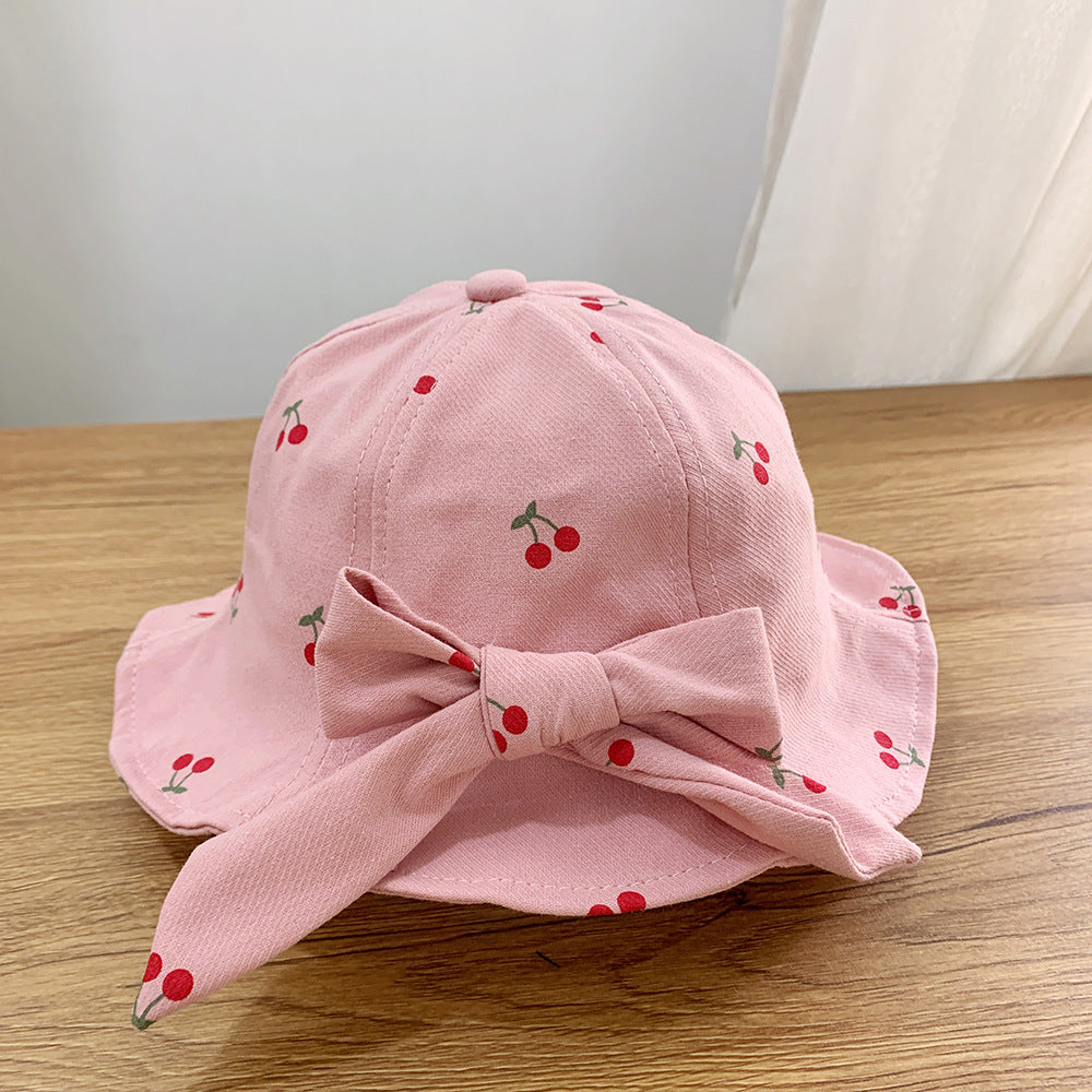 Girl Baby Cherry Hat Bow Pot Hat Girl 1-3 Year Old New Fisherman Hat Ladies Spring and Autumn Windproof Hat