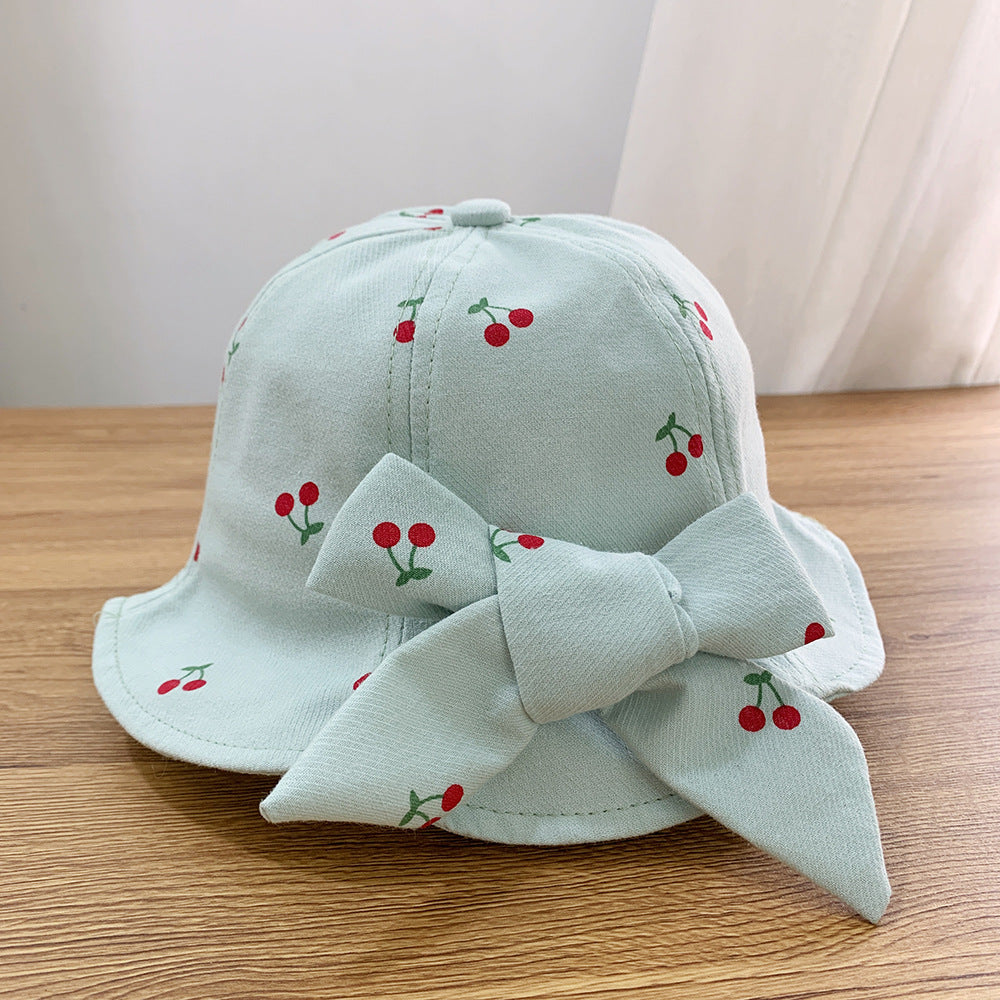 Girl Baby Cherry Hat Bow Pot Hat Girl 1-3 Year Old New Fisherman Hat Ladies Spring and Autumn Windproof Hat