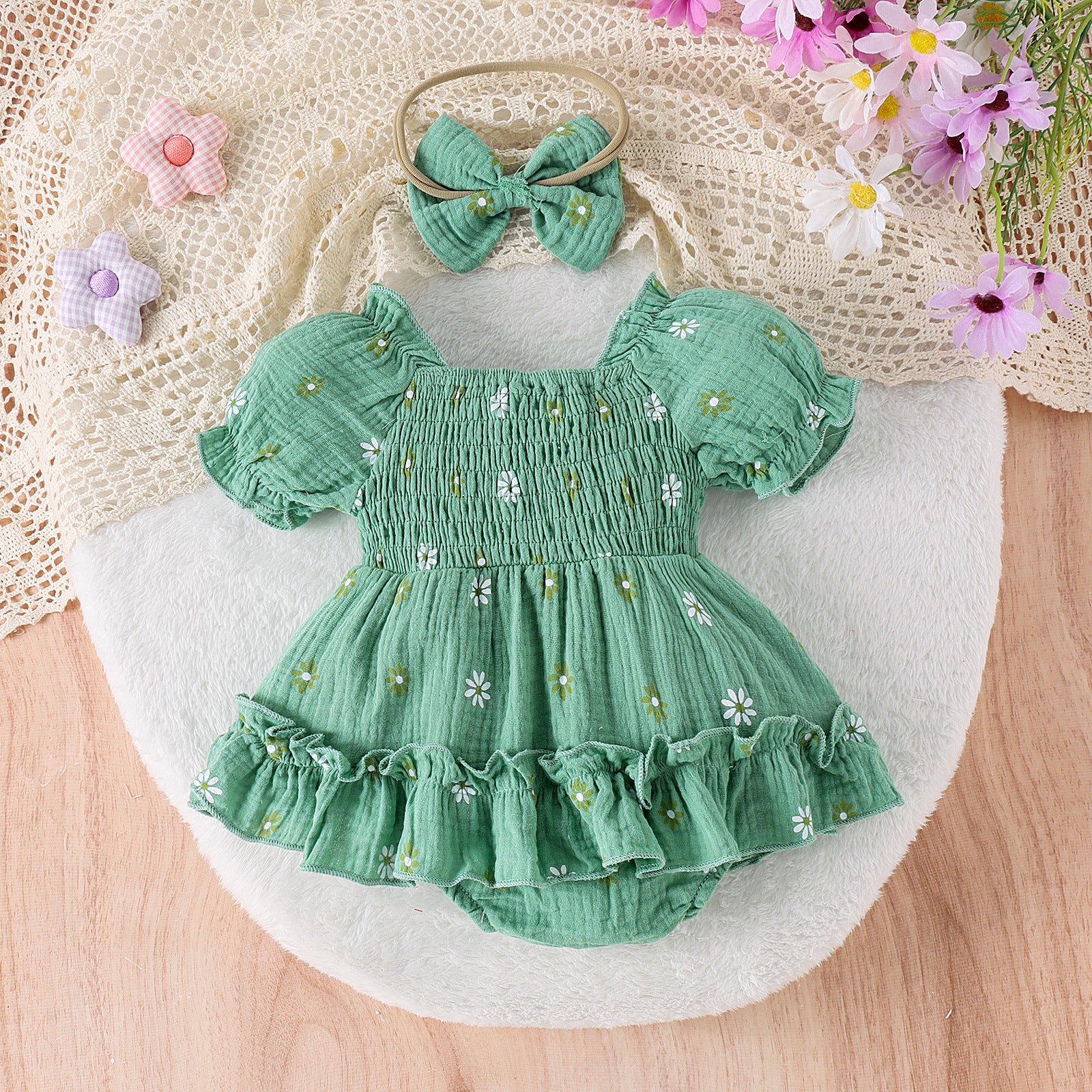 Floral Cotton Baby Romper – Short-Sleeved Triangle Jumpsuit for Girls