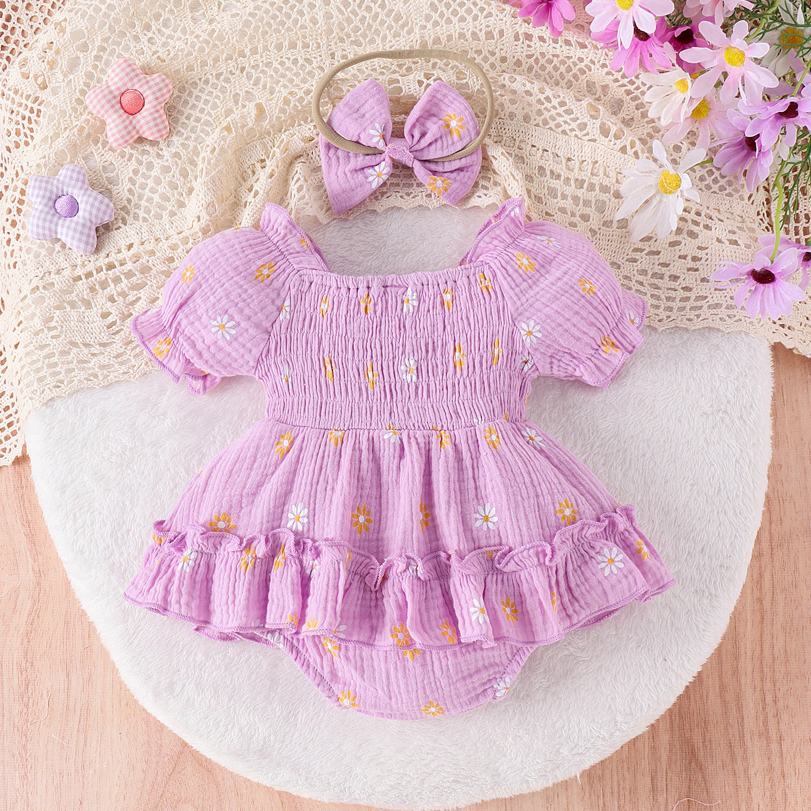 Floral Cotton Baby Romper – Short-Sleeved Triangle Jumpsuit for Girls