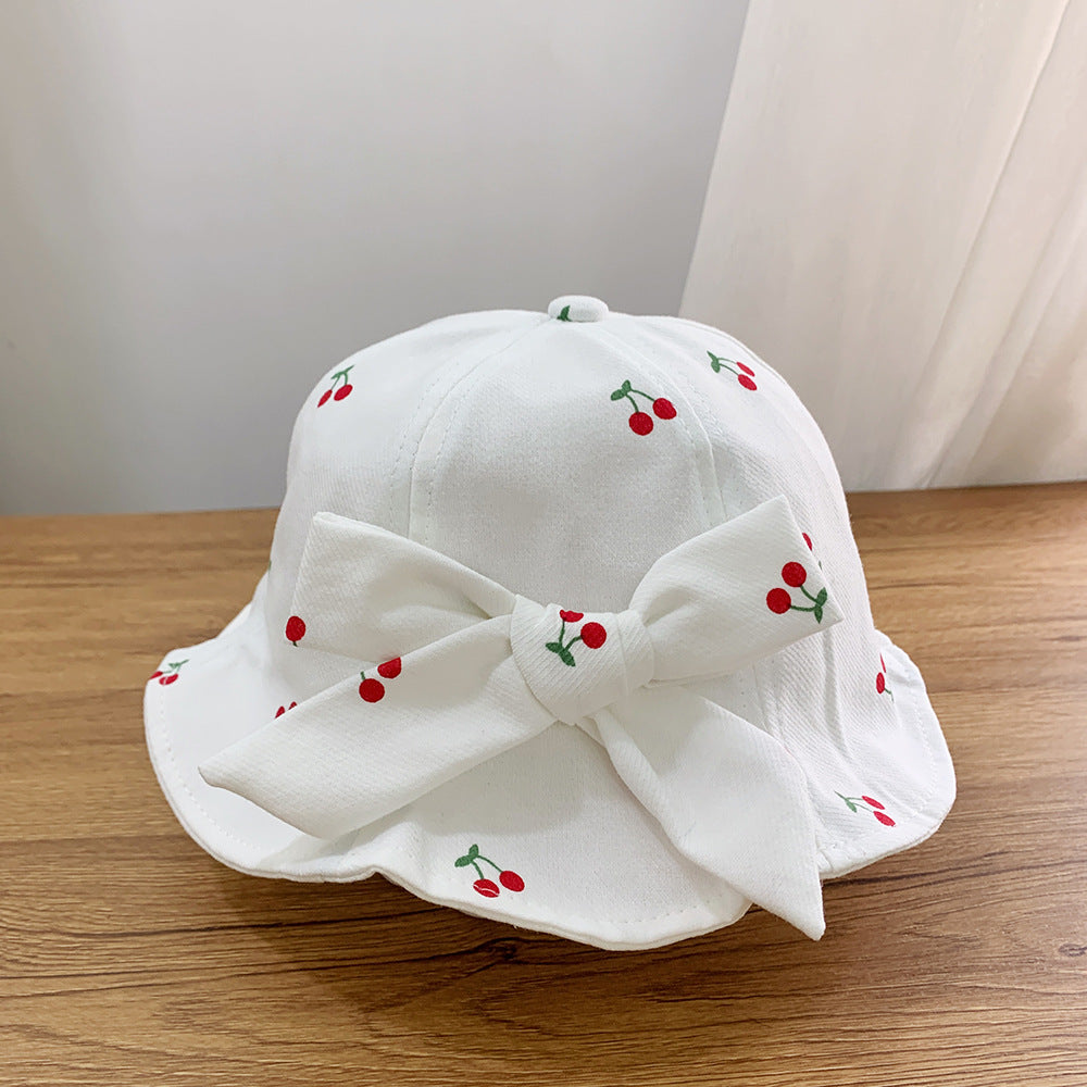 Girl Baby Cherry Hat Bow Pot Hat Girl 1-3 Year Old New Fisherman Hat Ladies Spring and Autumn Windproof Hat