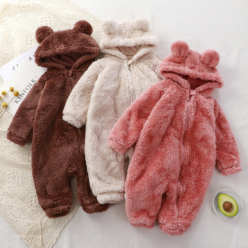 Fleece Baby Romper with Bear Ears – Warm & Soft for Winter (Girls)