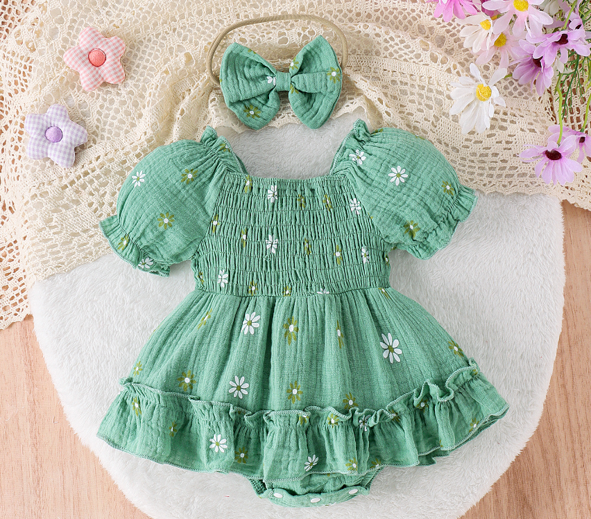 Floral Cotton Baby Romper – Short-Sleeved Triangle Jumpsuit for Girls