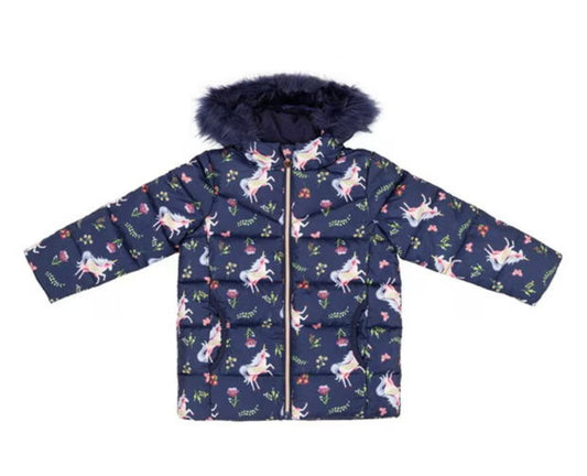 Unicorn Puffer Jacket with Faux Fur Hood (Navy)