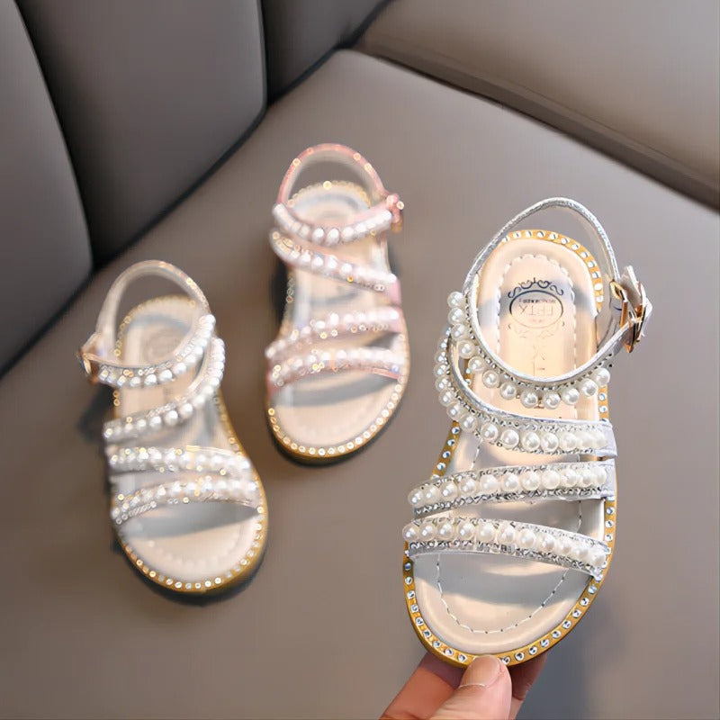 Girls’ Pearl Beaded Summer Sandals – Rhinestone Soft Sole Flats | Elegant Flip-Flops for Kids