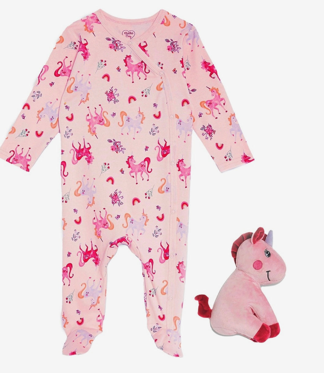Unicorn Baby Sleepsuit & Plush Toy Set – Pink Magic