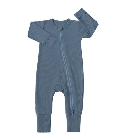 Bamboo Fiber Baby Onesie – Long Sleeve, Double Zipper, Fold-over Hands & Feet (All Seasons)
