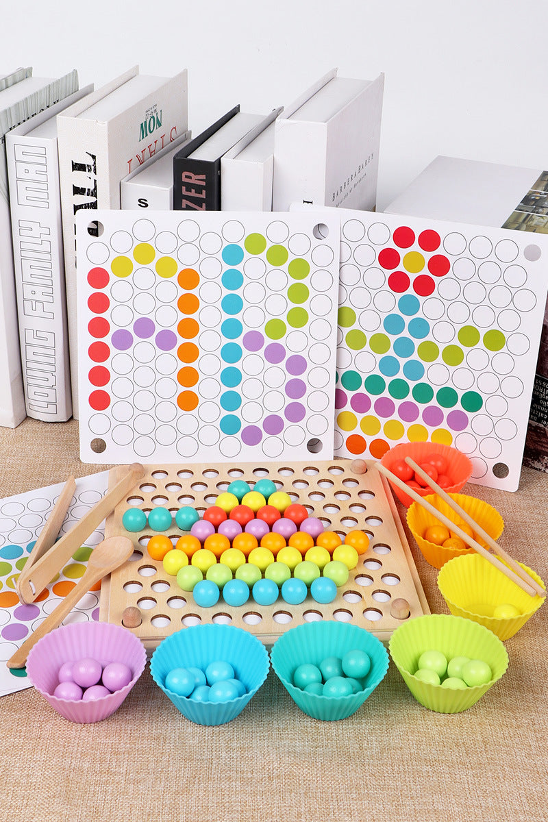 Montessori Wooden Peg Board & Beads Game – Rainbow Pompon Clip Puzzle for Toddlers