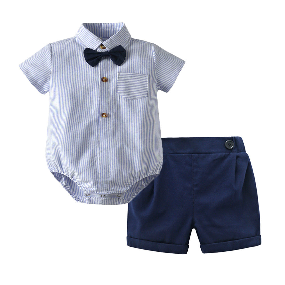 Baby Boys’ Summer Two-Piece Set – Short Sleeve Romper & Khaki Shorts