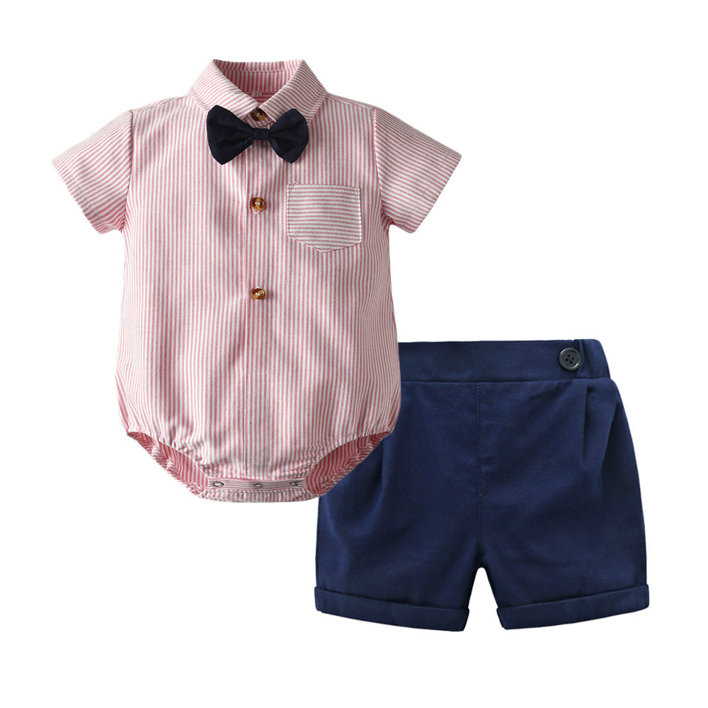 Baby Boys’ Summer Two-Piece Set – Short Sleeve Romper & Khaki Shorts