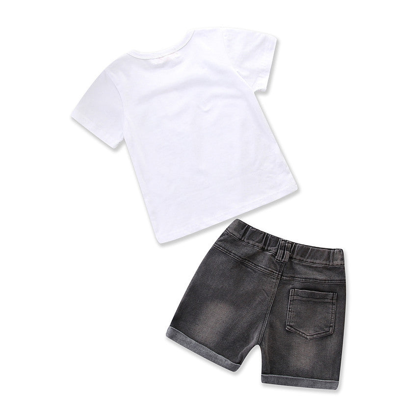 Boys’ Two-Piece Outfit – Short Sleeve Letter Tee & Denim Shorts Set