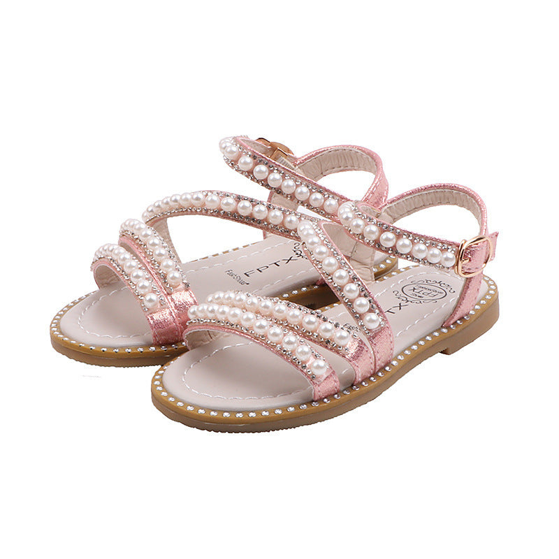 Girls’ Pearl Beaded Summer Sandals – Rhinestone Soft Sole Flats | Elegant Flip-Flops for Kids