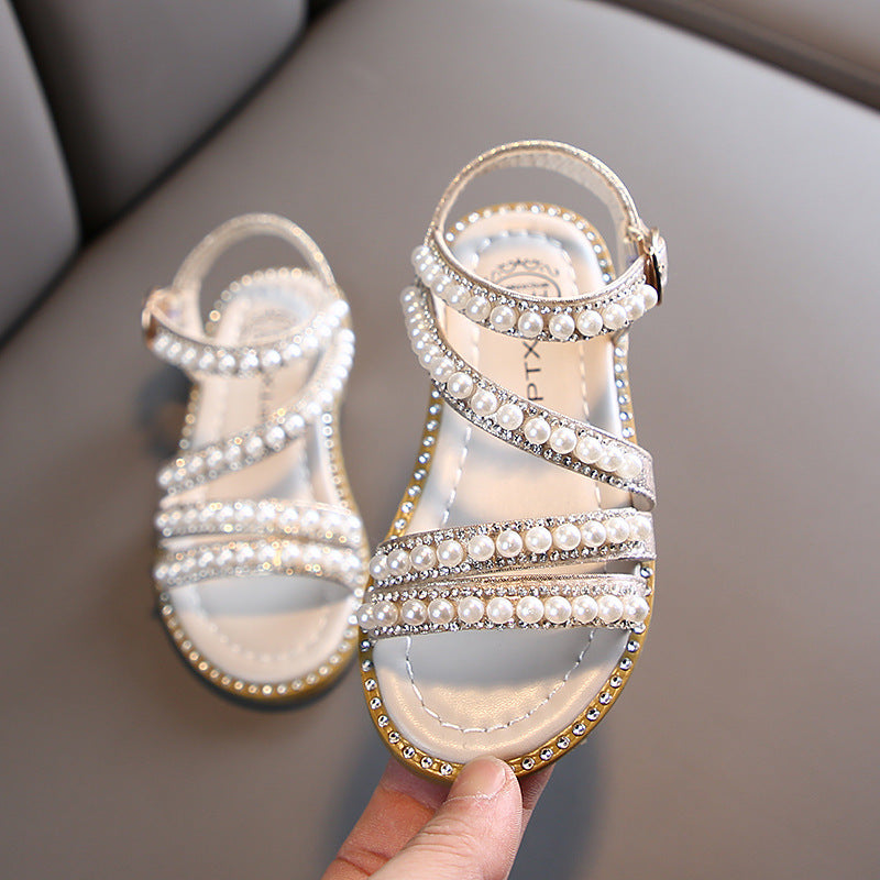 Girls’ Pearl Beaded Summer Sandals – Rhinestone Soft Sole Flats | Elegant Flip-Flops for Kids