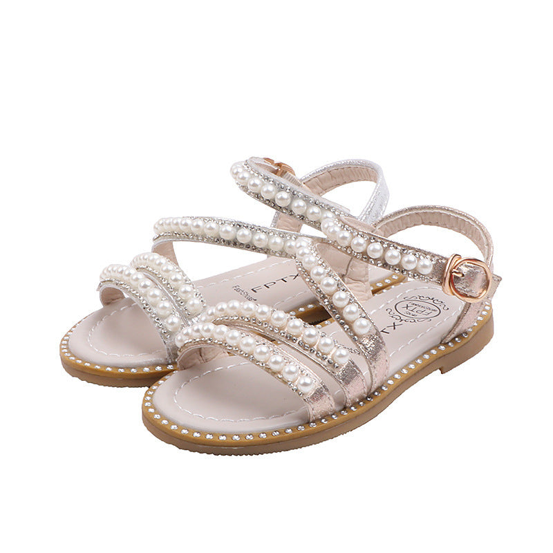 Girls’ Pearl Beaded Summer Sandals – Rhinestone Soft Sole Flats | Elegant Flip-Flops for Kids
