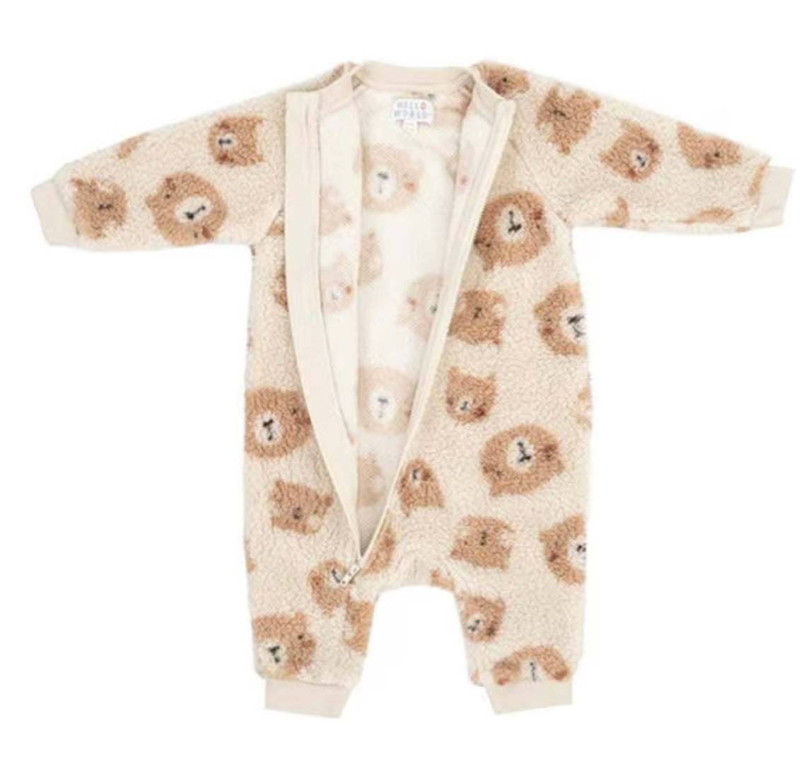 Teddy Fleece Zipper Sleepsuit – Beige Bear Faces