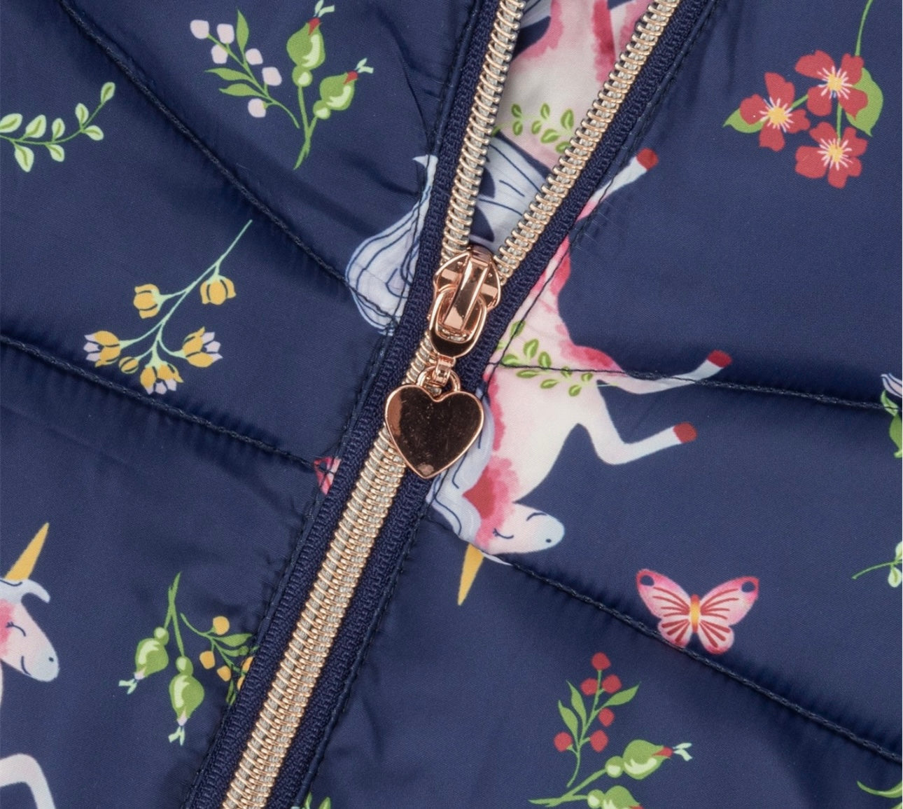 Unicorn Puffer Jacket with Faux Fur Hood (Navy)