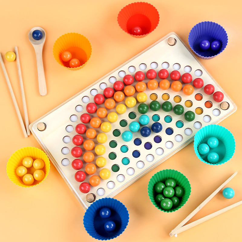 Montessori Wooden Peg Board & Beads Game – Rainbow Pompon Clip Puzzle for Toddlers