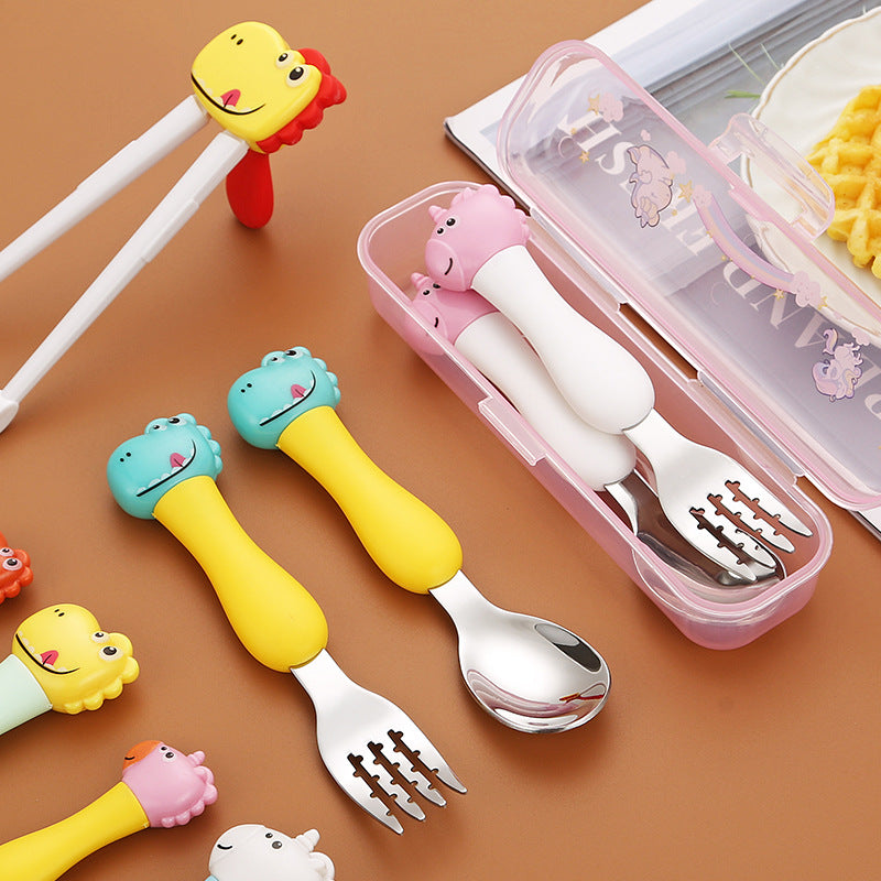 Dinosaur Stainless Steel Kids Tableware Set – Spoon, Fork & Training Chopsticks