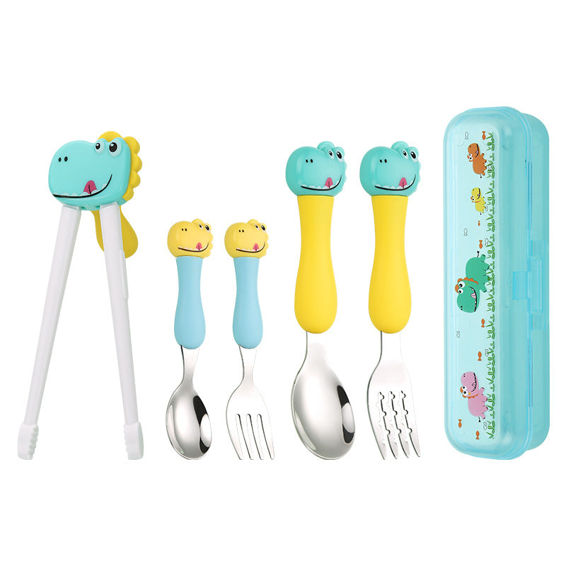 Dinosaur Stainless Steel Kids Tableware Set – Spoon, Fork & Training Chopsticks