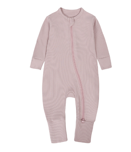 Bamboo Fiber Baby Onesie – Long Sleeve, Double Zipper, Fold-over Hands & Feet (All Seasons)