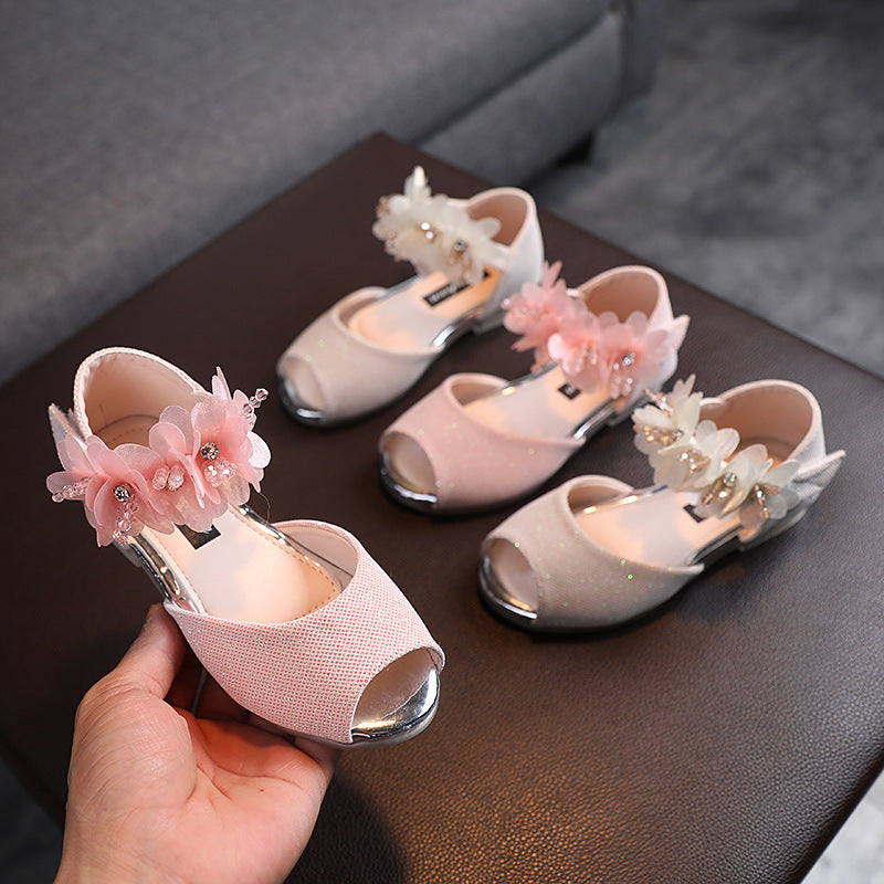 Girls’ Rhinestone Flower Sandals – Soft Sole Princess Shoes for Summer & Dance