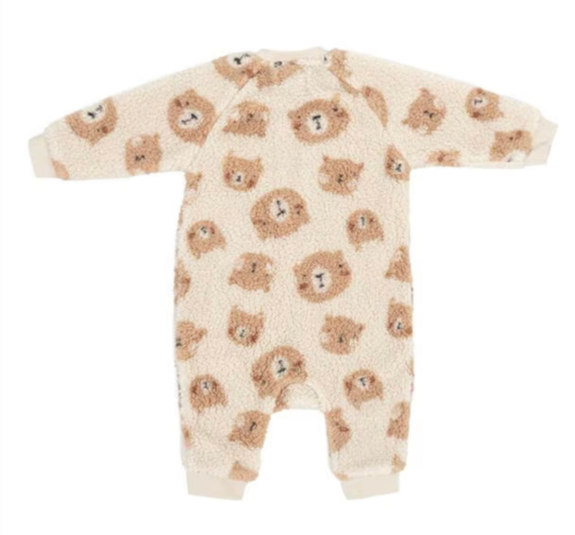 Teddy Fleece Zipper Sleepsuit – Beige Bear Faces