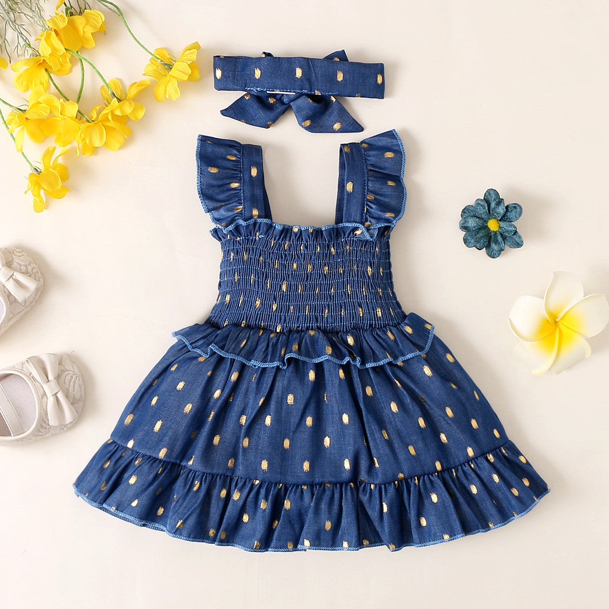 Golden Dot Blue Princess Dress – 2-Piece Set