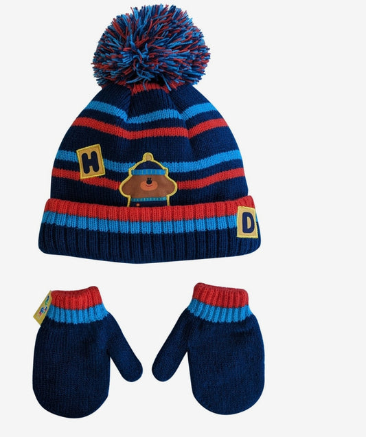 Navy Striped Hey Duggee Hat and Mittens Set
