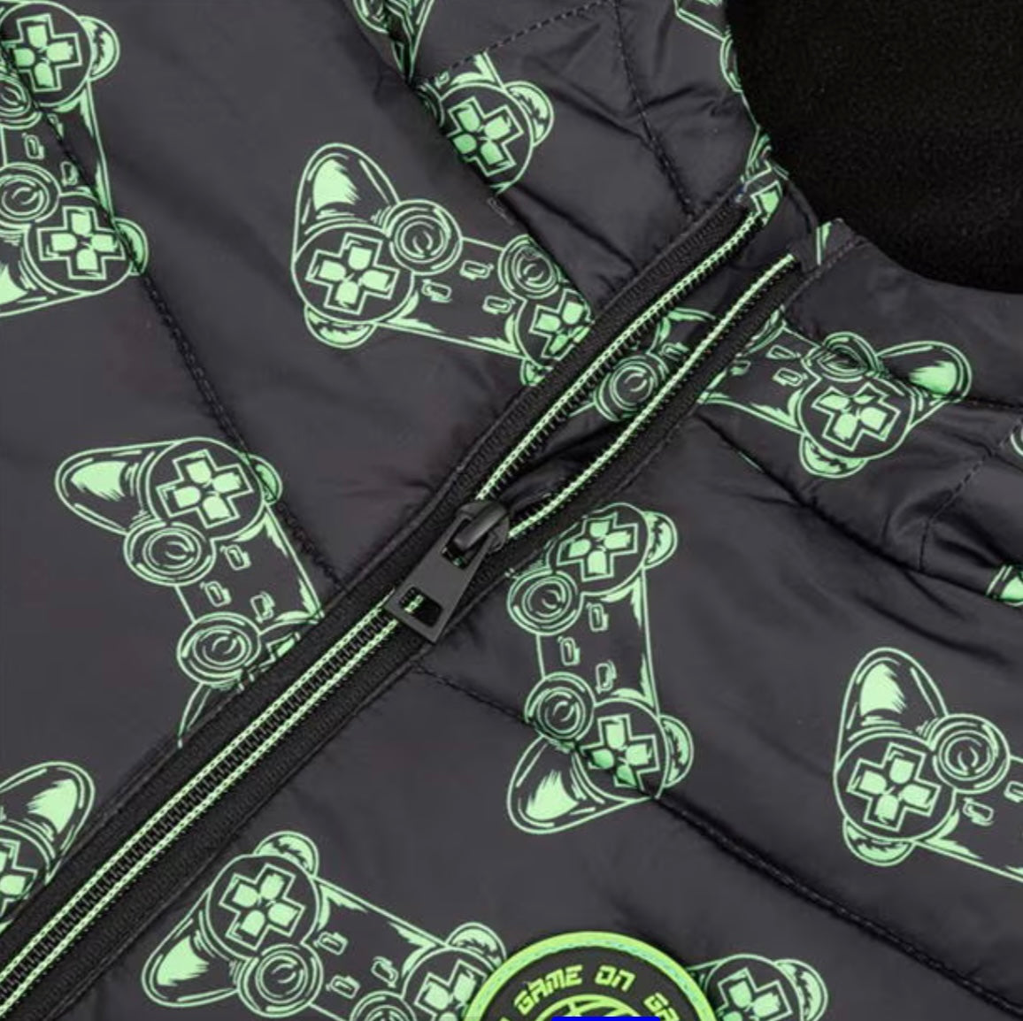 Puffer Jacket – Game Controller Print (Black & Green)