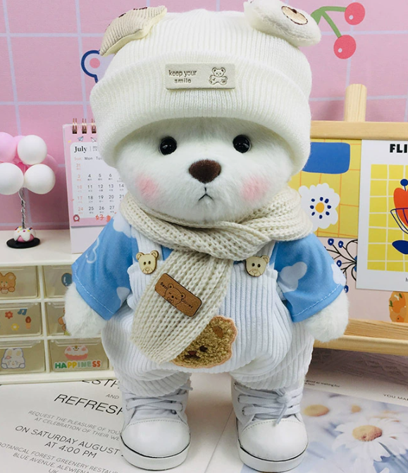 Handmade Jointed Bear Plush Doll – 30cm Soft Toy with Baby Clothes (Medium Size)