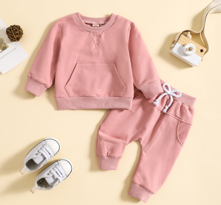 Children’s Solid Color Hoodie & Pants Set – Embroidered Letter Two-Piece Outfit for Boys & Girls