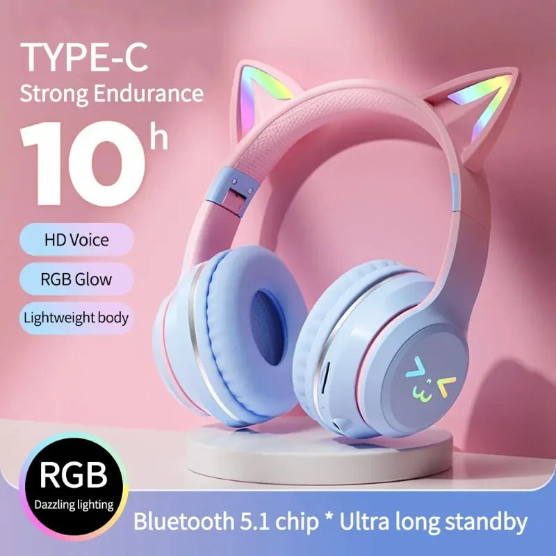 RGB Cat Ear Wireless Headphones – Bluetooth Stereo Headset with Mic | Kids Gift for Girls