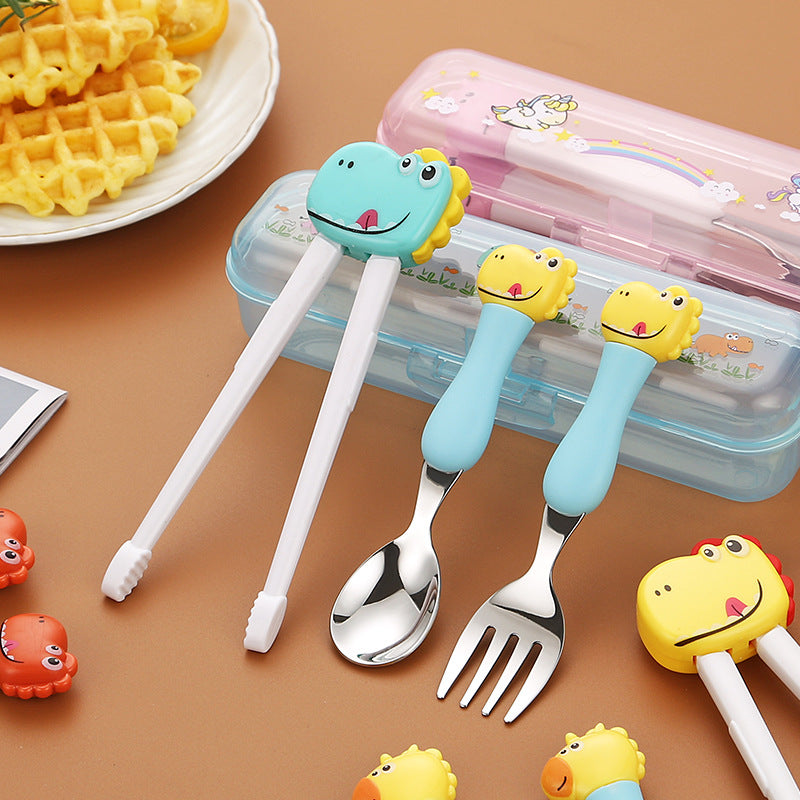 Dinosaur Stainless Steel Kids Tableware Set – Spoon, Fork & Training Chopsticks