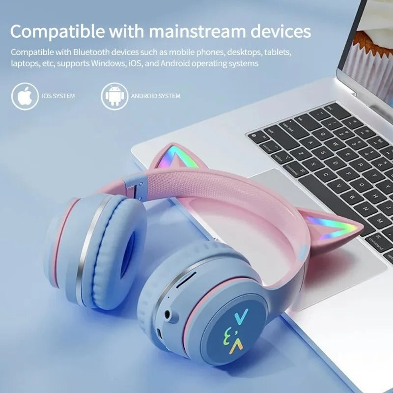 RGB Cat Ear Wireless Headphones – Bluetooth Stereo Headset with Mic | Kids Gift for Girls