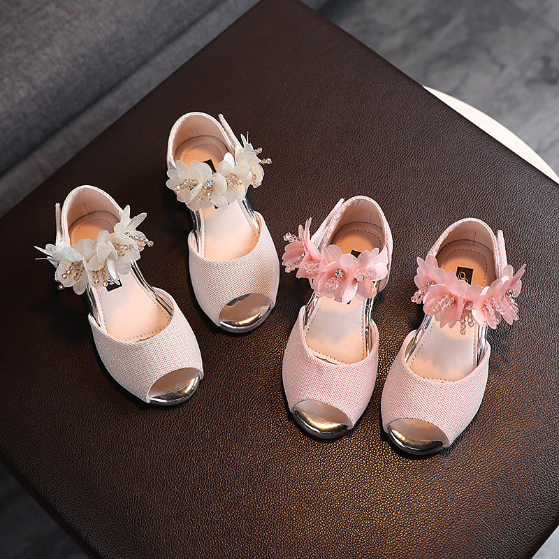 Girls’ Rhinestone Flower Sandals – Soft Sole Princess Shoes for Summer & Dance