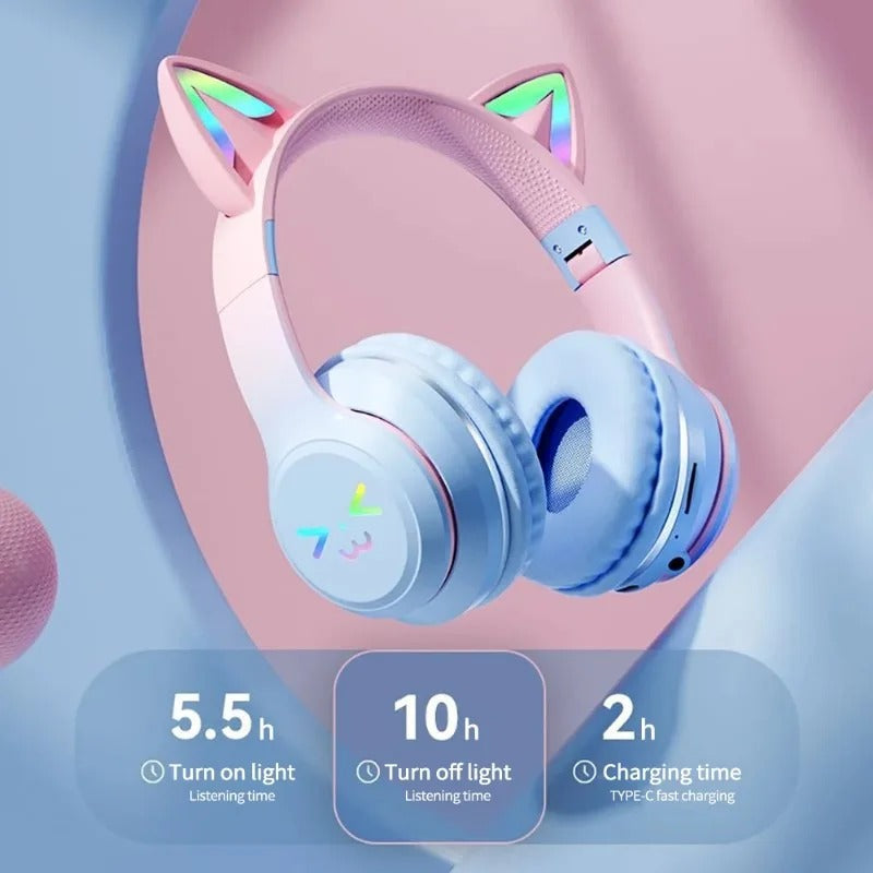 RGB Cat Ear Wireless Headphones – Bluetooth Stereo Headset with Mic | Kids Gift for Girls