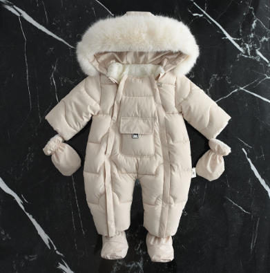 Winter Baby Hoodie Jumpsuit – Fur Collar & Large Pocket (European-American Style)