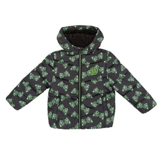Puffer Jacket – Game Controller Print (Black & Green)