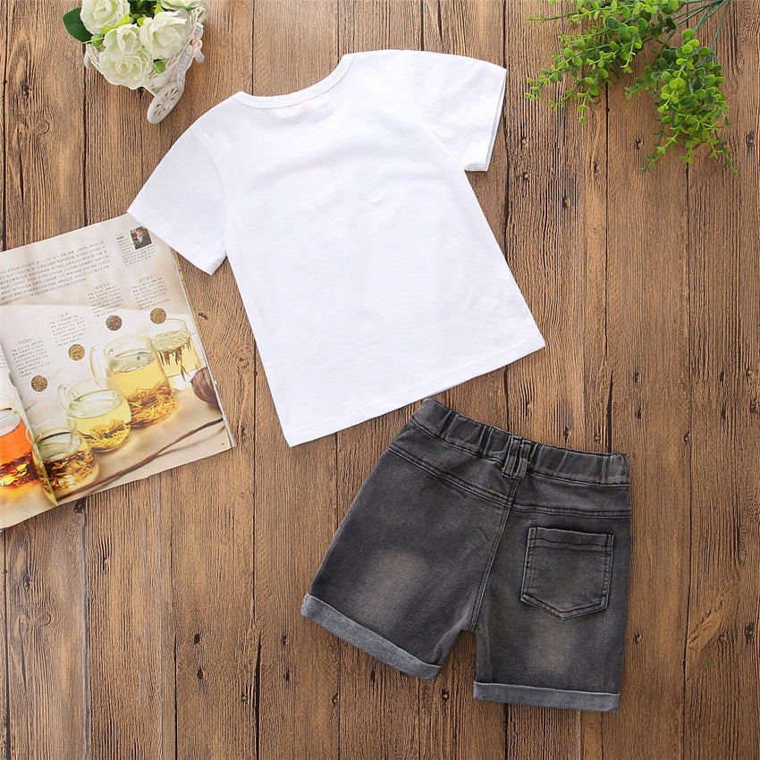 Boys’ Two-Piece Outfit – Short Sleeve Letter Tee & Denim Shorts Set