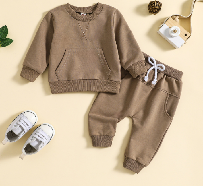 Children’s Solid Color Hoodie & Pants Set – Embroidered Letter Two-Piece Outfit for Boys & Girls